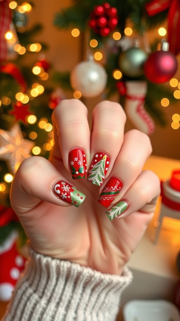 Festive Christmas Nail Art Ideas Festive Christmas nail art with red and green colors, snowflakes, and glittery designs.